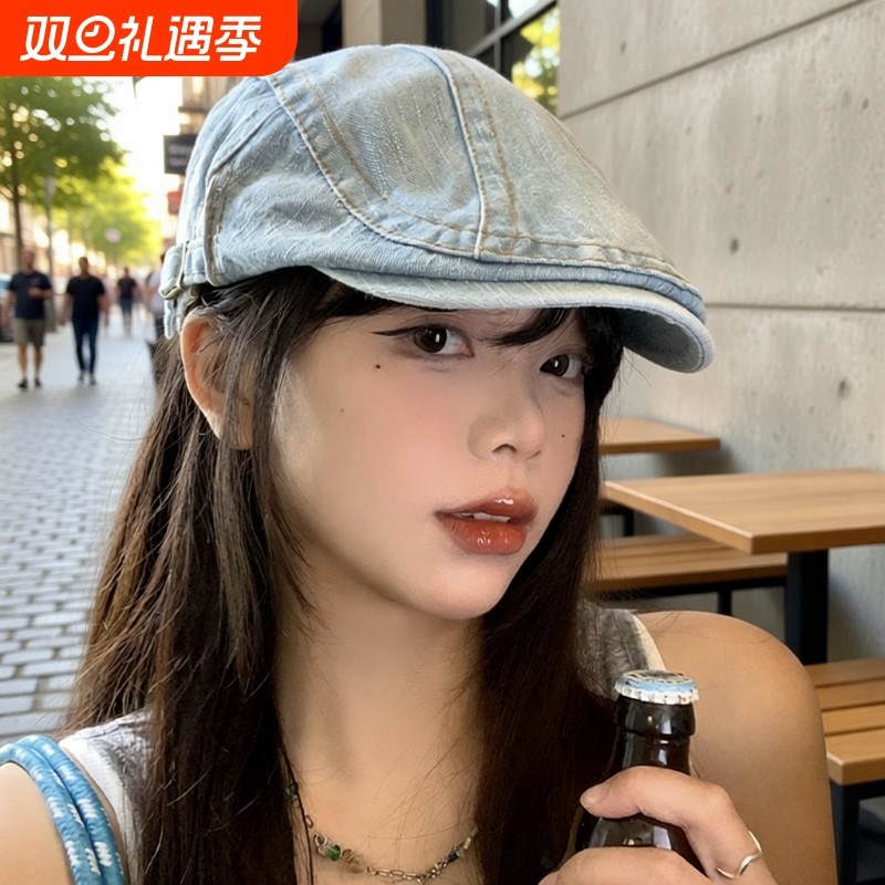 水洗牛仔前进帽女春夏款日系复古显脸小贝雷帽反戴大头围画家帽子