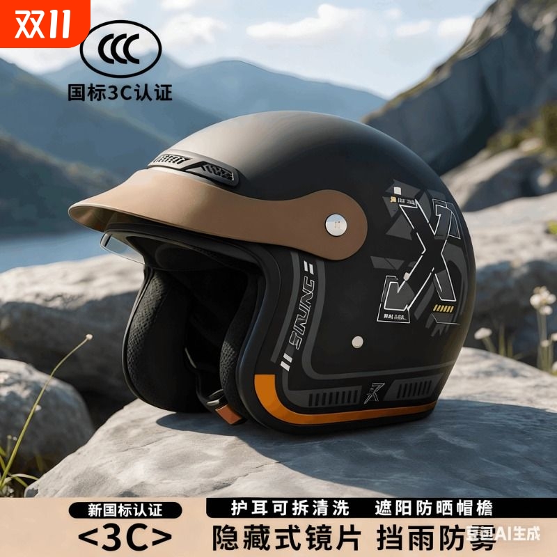3C认证电动摩托车头盔内推式男女四季通用半盔冬季保暖骑行安全帽