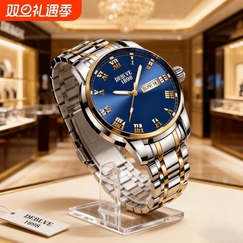手表男款防水高级感全自动男表数字双日历防水腕表男机械风全自动