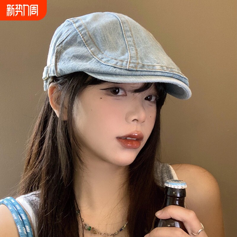 水洗牛仔前进帽女春夏款日系复古显脸小贝雷帽反戴大头围画家帽子
