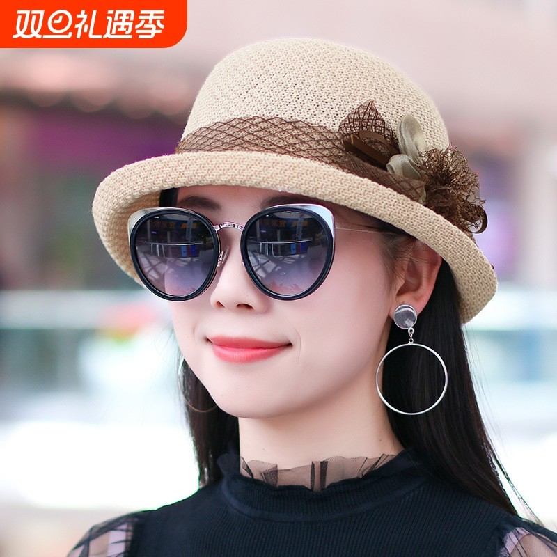 夏季英伦花朵礼帽卷边太阳帽女时尚遮阳防晒帽子法式户外网纱盆帽