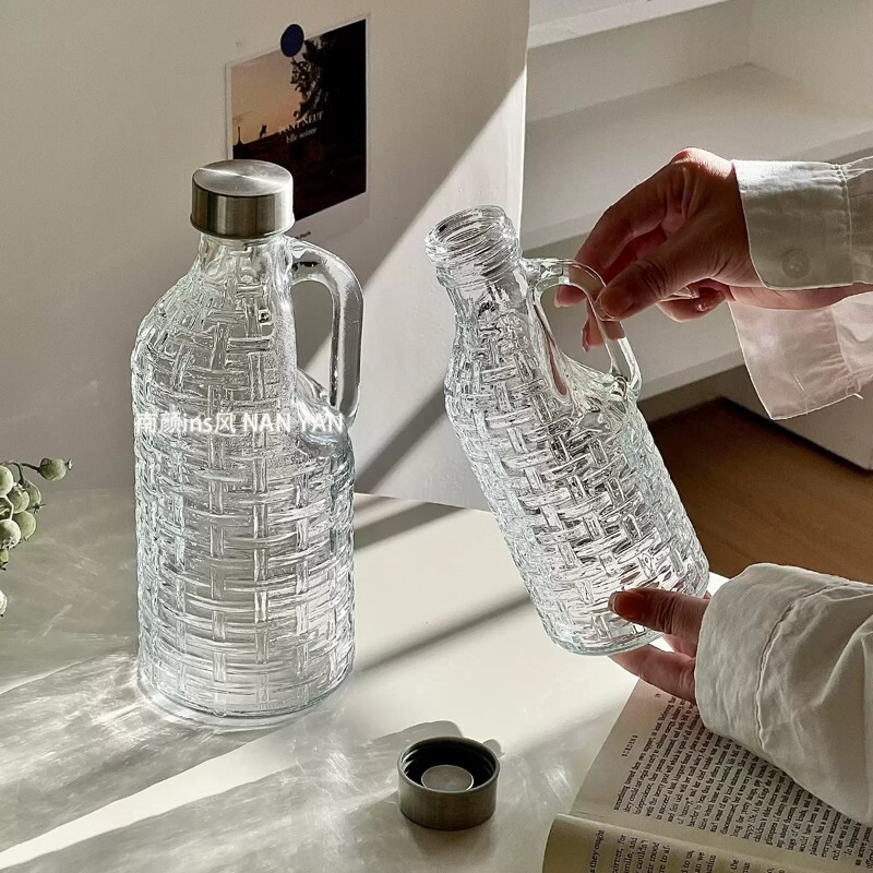 密封盖泡酒玻璃瓶果酒壶露营便携式咖啡奶茶果汁壶带把不锈钢盖