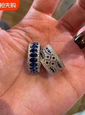 蓝色闪钻椭圆排钻戒指女新款叠戴中古风vintage素圈镂空宽版指环