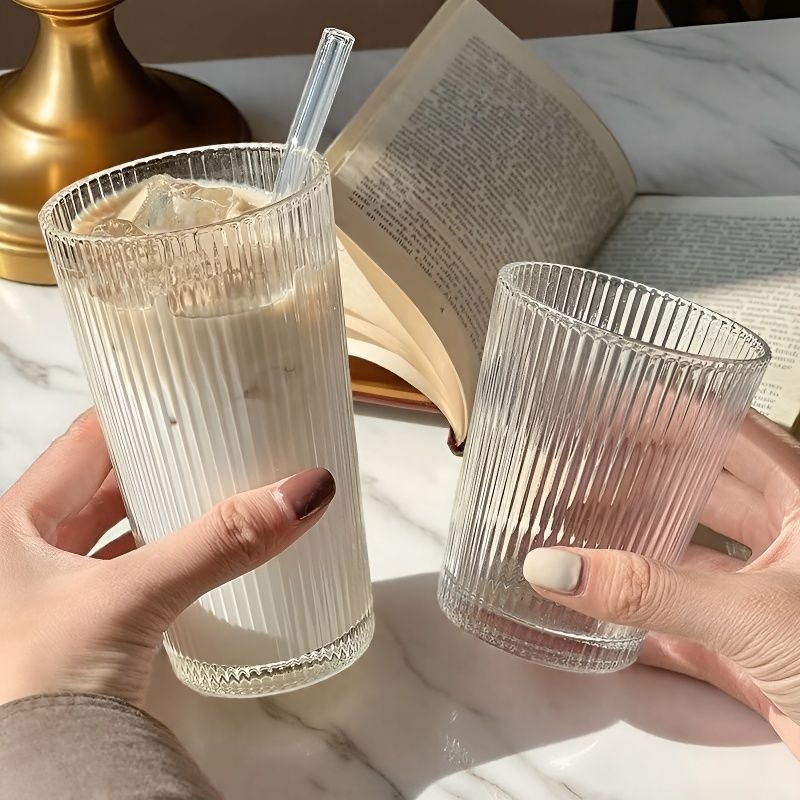 ins简约条纹玻璃杯带吸管