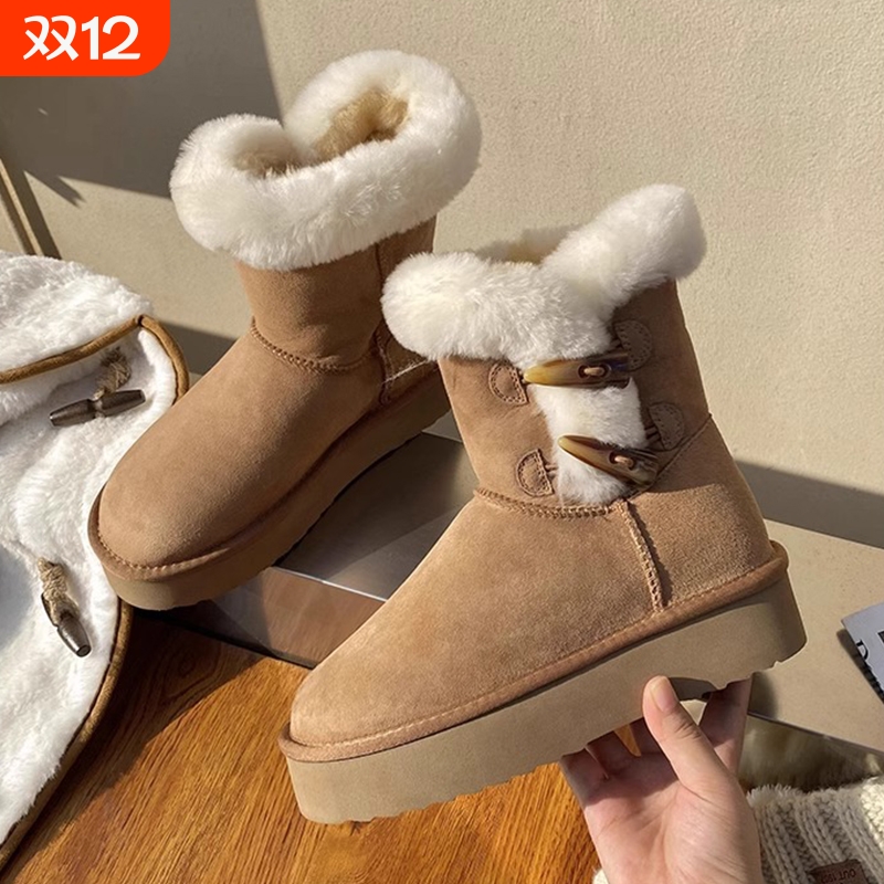 厚底雪地靴女款2025冬季新款皮毛一体加绒加厚毛毛羊角扣东北棉鞋