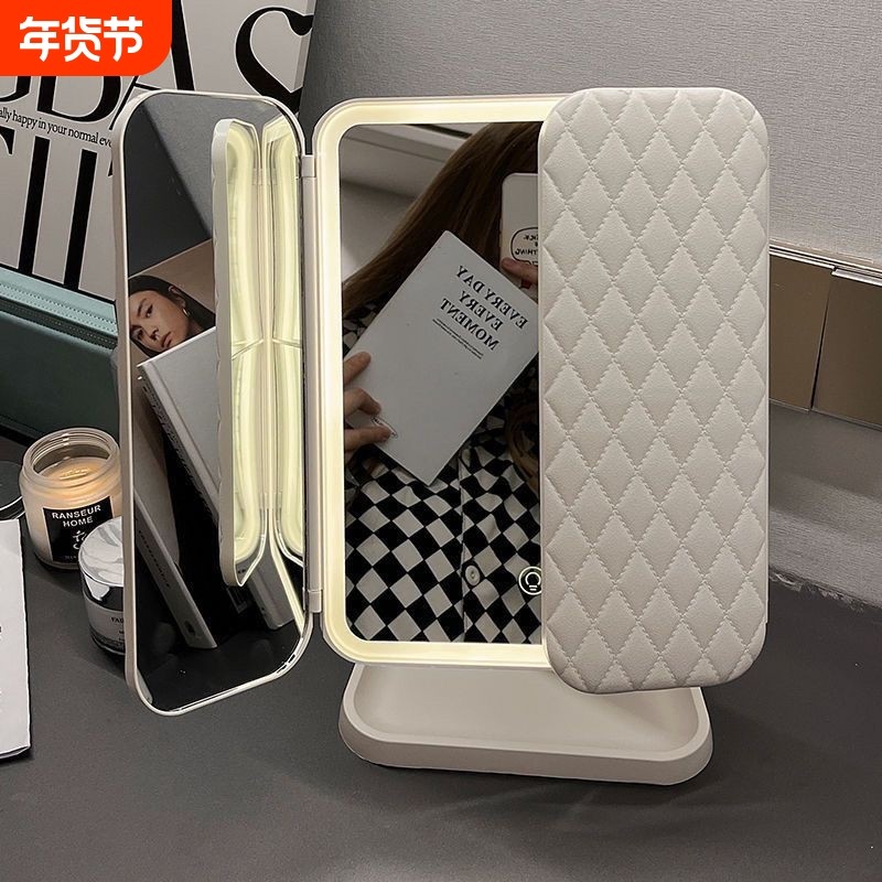 新款LED台式化妆镜二合1体贝壳三面收纳盒折叠梳妆镜调节镜子双开