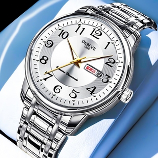 手表防水简男士 精钢数字 机械双日历全自动显示普通艺术石英新款