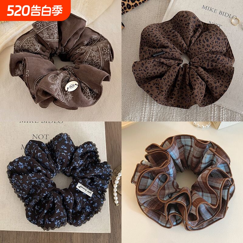 咖啡色布艺双层大肠发圈女韩系复古印花扎头发丸子头发绳气质发饰