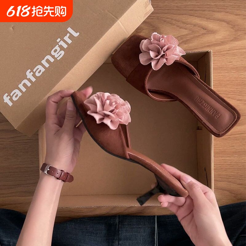 PLOVER晚晚风花朵露趾凉拖鞋女夏外穿2026新款百搭复古细跟