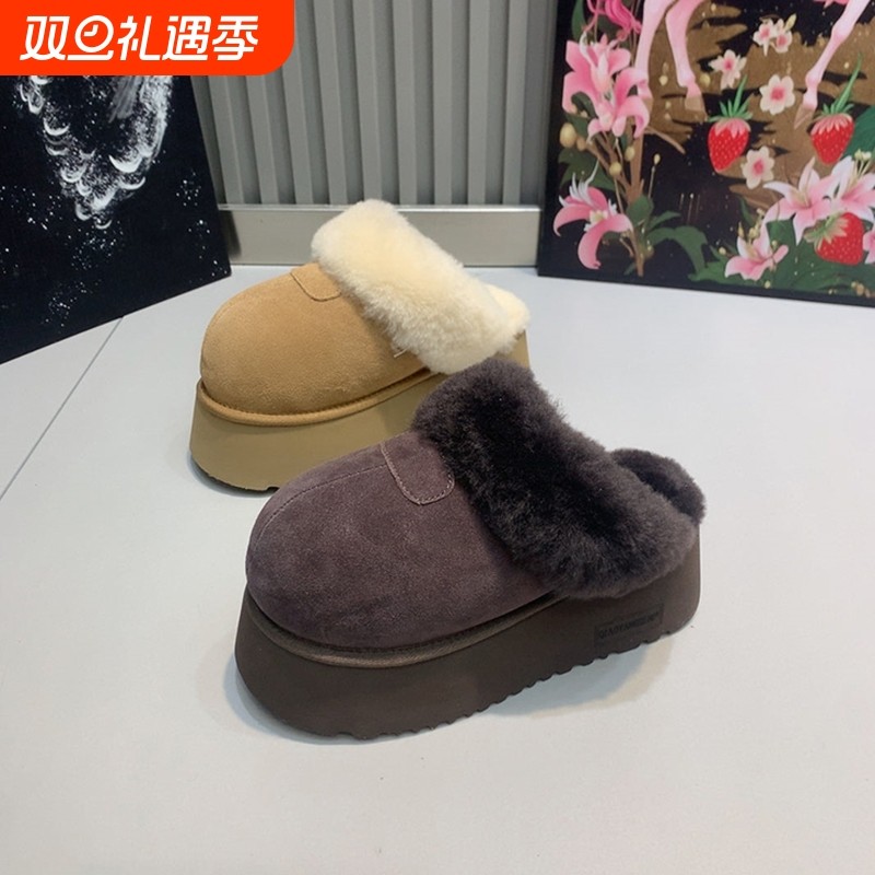 2025卡皮巴拉冬季新款磨砂厚底松糕增高羊羔毛包头拖鞋加绒雪地靴