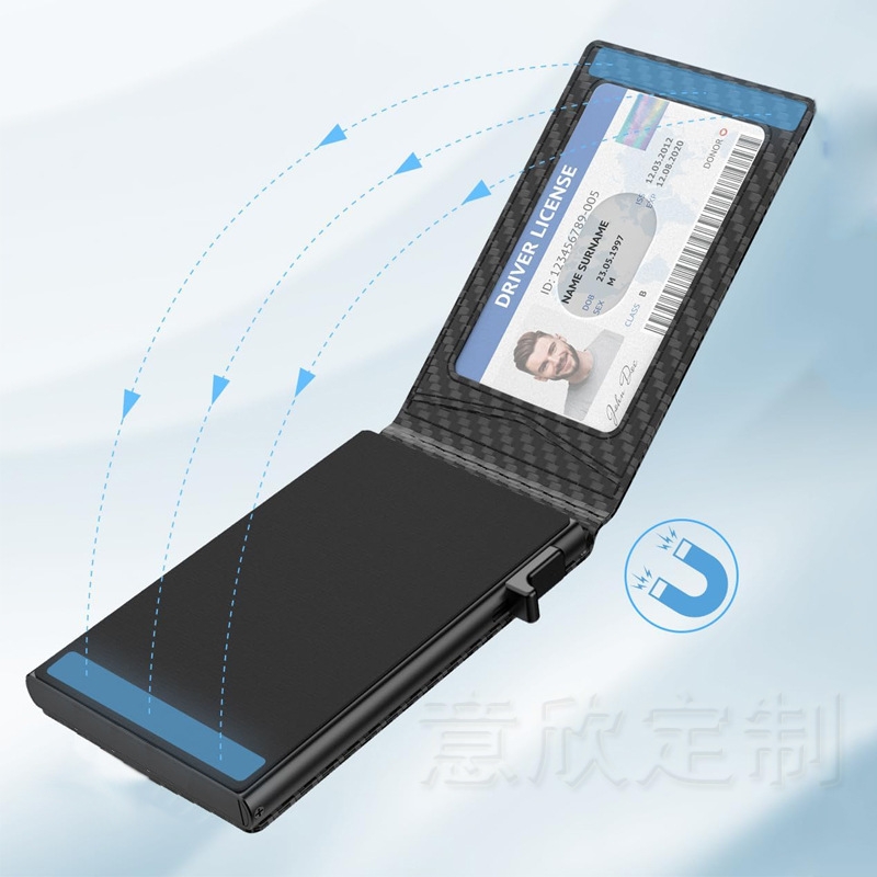 高颜值碳纤维钱包卡套RFID卡夹自动弹卡金属卡盒外贸真皮卡包