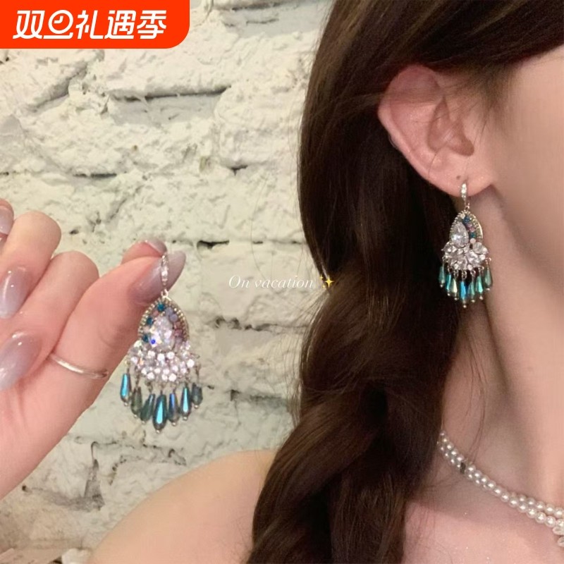 复古民族风湖蓝色水滴流苏耳环女夏海边度假风耳钉波西米亚耳饰