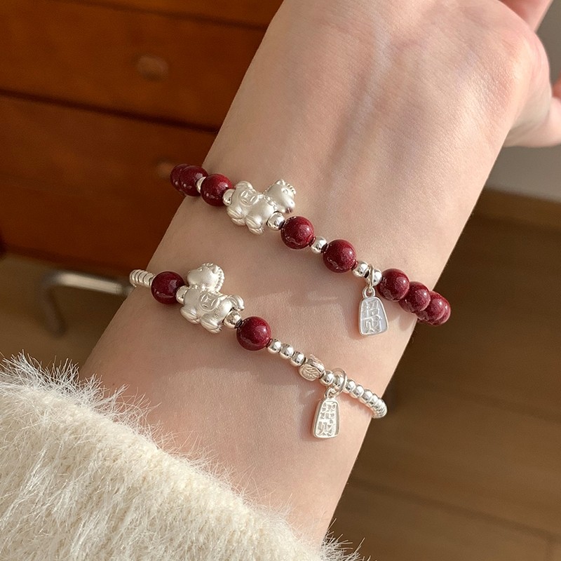 s999纯银天然朱砂小马手串女款高级感叠戴马年本命年中式手链礼物