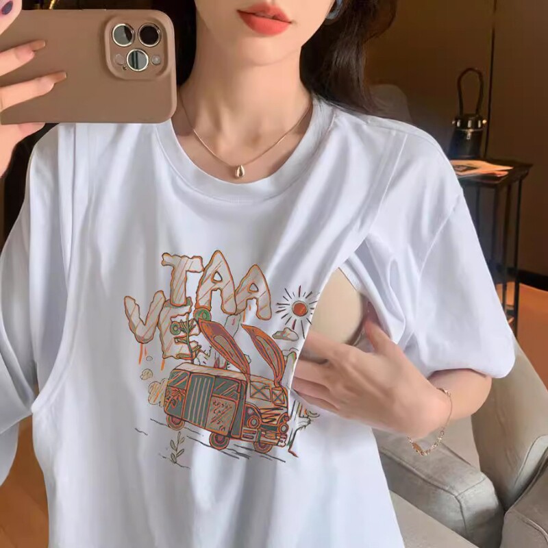 哺乳上衣辣妈款外出夏季侧翻喂奶衣服短袖产后孕妇夏装浦乳期潮妈