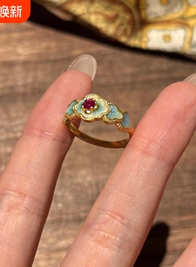 复古蓝花殿红钻珐琅戒指女款