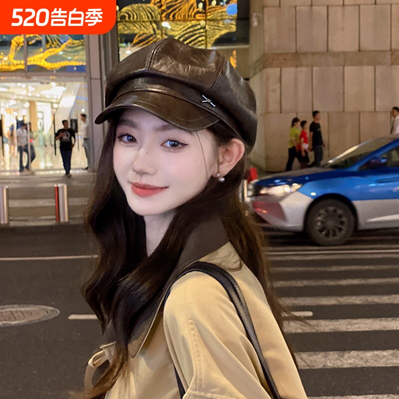 PU皮质八角帽大头围帽子女2025新款秋冬季复古显脸小画家贝雷帽