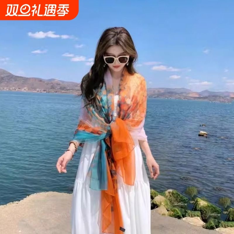 夏季防晒薄款披肩2024新款民族风外搭纱巾丝巾女海边沙滩三亚旅游