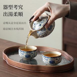 青花汝窑手抓壶盖碗茶杯高档大号防烫家用功夫茶具泡茶茶碗带盖