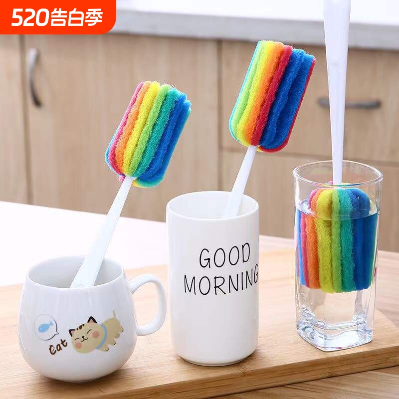 七彩长柄百洁布杯刷洗杯子海绵刷清洁玻璃奶瓶刷子神器刷子刷杯器
