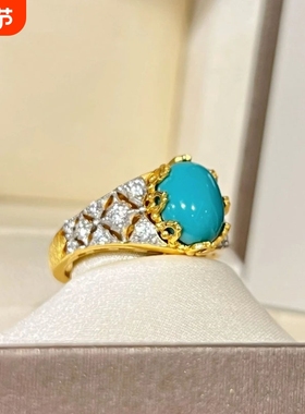 925Vintage复古宫廷风分金镶嵌满钻绿松石戒指小众设计感食指戒