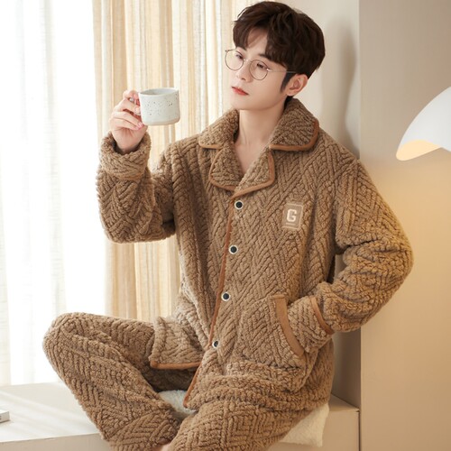 睡衣男秋冬天季加厚法兰绒套装珊瑚绒家居服加绒保暖冬装冬季时尚