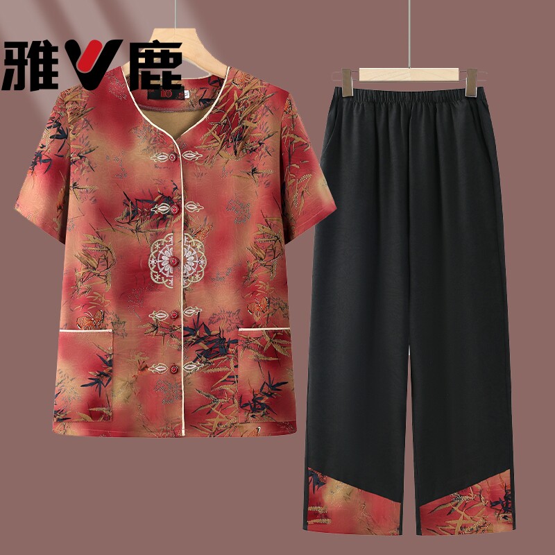 雅鹿中老年人衬衫奶奶夏装T恤套装女妈妈新款短袖夏季开衫两件套