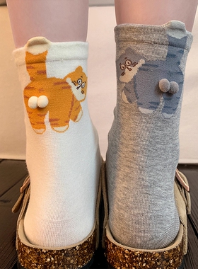 白色袜子女夏季薄款纯棉中筒袜夏天新款可爱猫咪棉质搞怪长袜立体