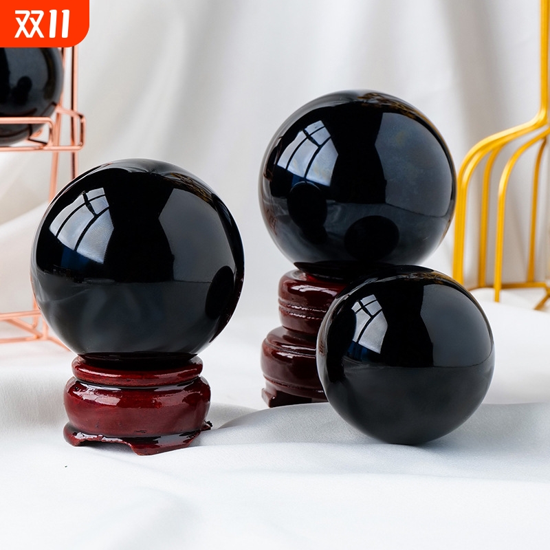 黑曜石水晶球摆件原石打磨黑曜石七星阵能量石风水球开业礼品批发