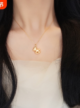 s999纯银摇摇小木马项链女立体足银小马可爱时髦吊坠锁骨链黄金