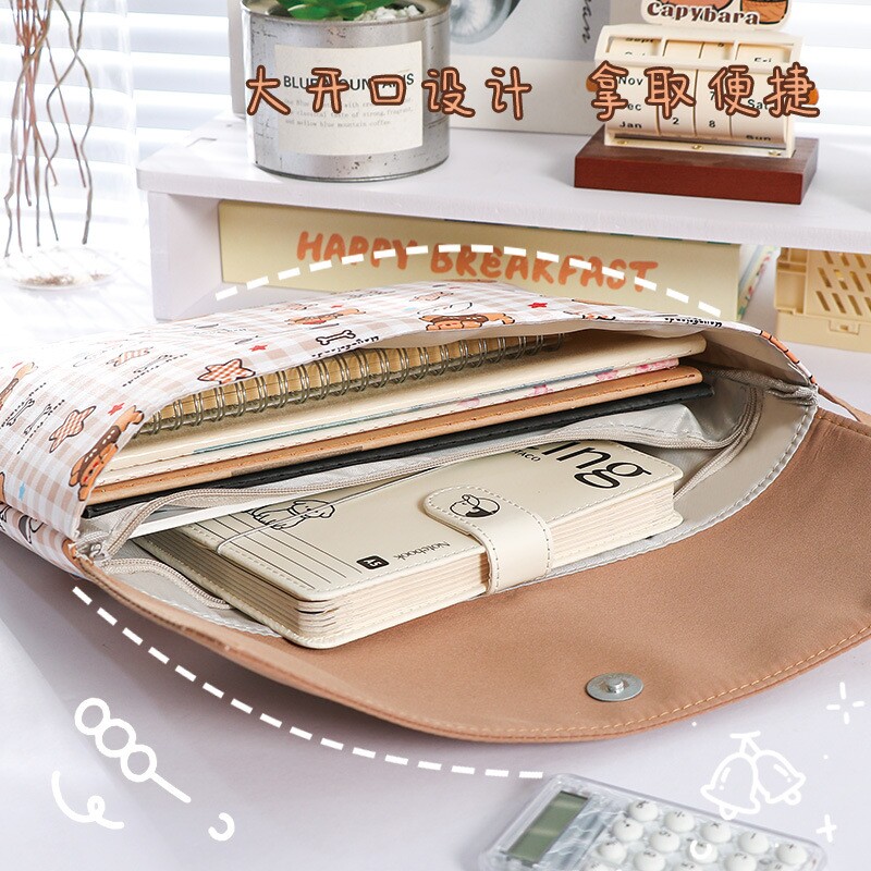 2025新款夏日小清新蓝色格子小狗按扣文件袋资料包可手提A4补课袋分类收纳双层红色帆布