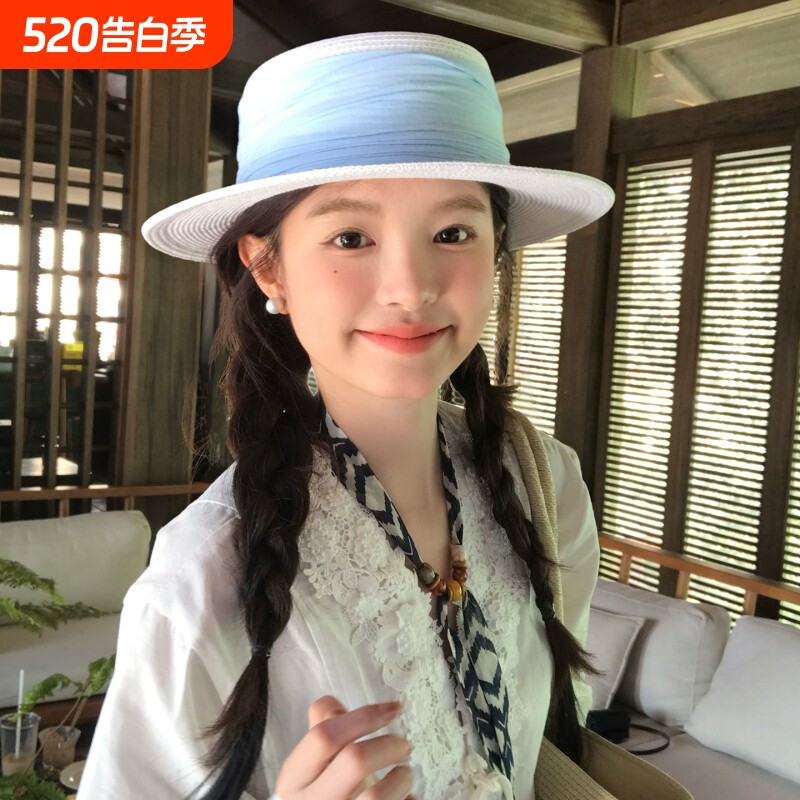 法式平顶防晒草帽女海边出游度假遮阳礼帽优雅赫本风夏季草编帽子