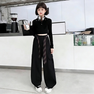 女中大童裤子春秋新款初中生女生韩版腰带工装裤大童纯色休闲长裤