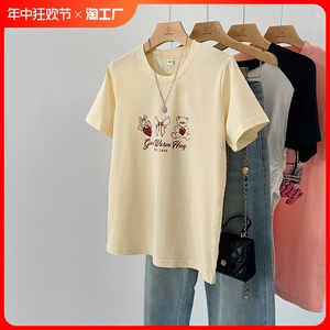 2024夏季时尚美式潮牌ins短袖T恤女简约百搭小众休闲小熊印花上衣