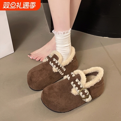 大码女鞋41到43勃肯鞋加绒厚底复古毛毛鞋2025新款冬保暖低帮棉鞋
