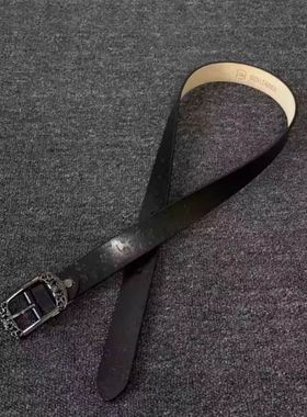 中古宫廷风真皮蝴蝶雕花圆头针扣白色皮带女新款优雅简约复古腰带