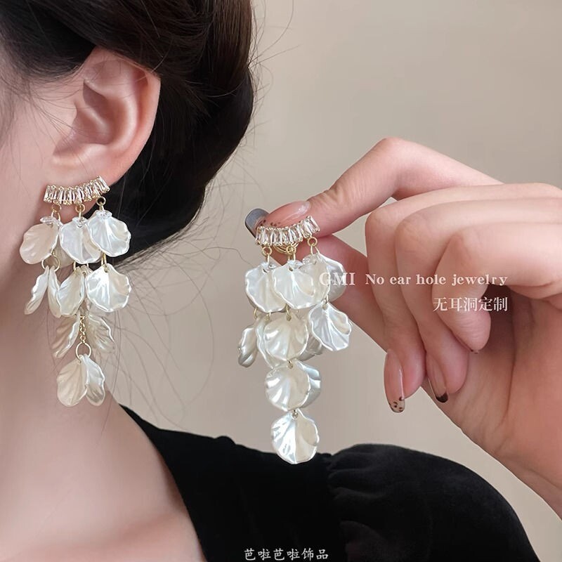 海边度假风贝壳长款流苏耳夹无耳洞女轻奢高级感小众耳环夸张耳饰