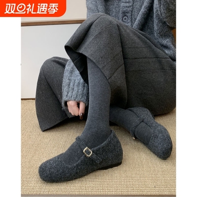 内增高玛丽珍毛毛鞋女冬外穿新款韩版灰色呢子单鞋女厚底加绒棉鞋