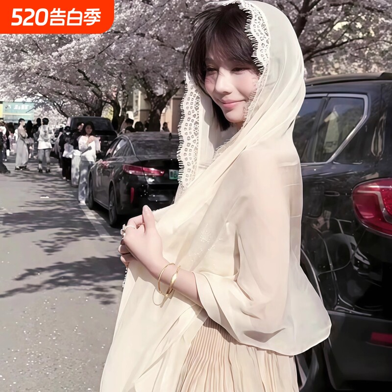 法式防晒披肩外搭女夏新款度假风复古头巾氛围感神女蕾丝丝巾围巾