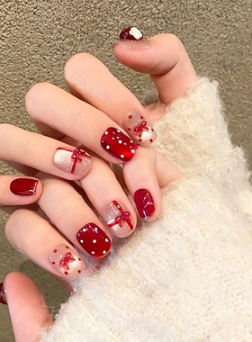 秋冬显白酒红波点穿戴甲新款短款美甲贴片红色法式烟花中长款粉色