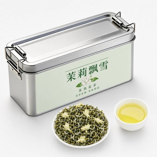 茉莉飘雪花茶新茶浓香型铁盒装100g