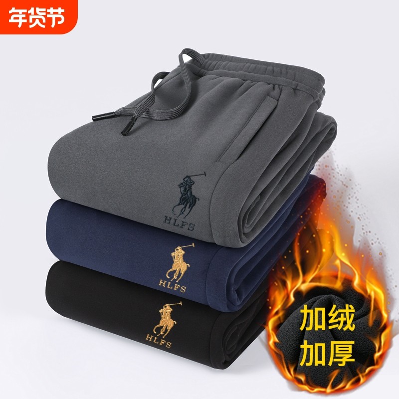 休闲长裤男2025冬季新款刺绣加绒加厚运动卫裤保暖针织束脚长裤子