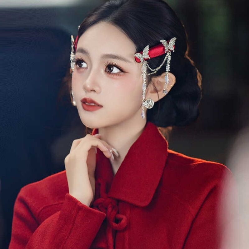 新中式国风新娘复古酒红色蝴蝶流苏发夹高级感造型旗袍汉服头饰品