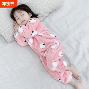 儿童法兰绒连体衣宝宝秋冬季睡衣男女童加绒家居服婴儿防踢被睡袋