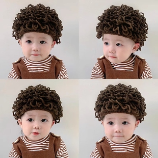 男女宝宝帽子秋冬季婴儿假发泡面卷发毛线帽儿童爆炸头搞笑保暖帽