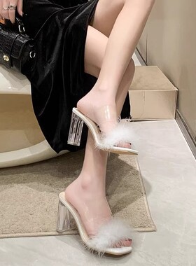 意尔康心选轻便方头毛毛款式设计感透明水晶高跟鞋2025新款外穿粗