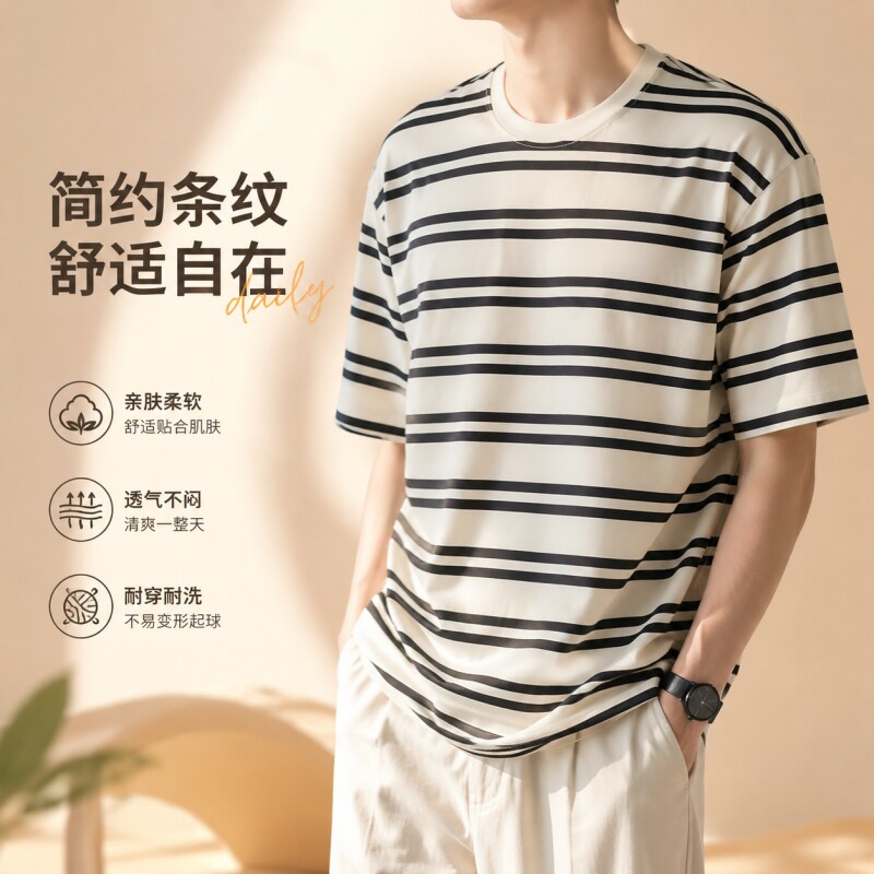 美式潮牌纯棉圆领条纹短袖T恤时尚情侣休闲打底衫黑色复古流行