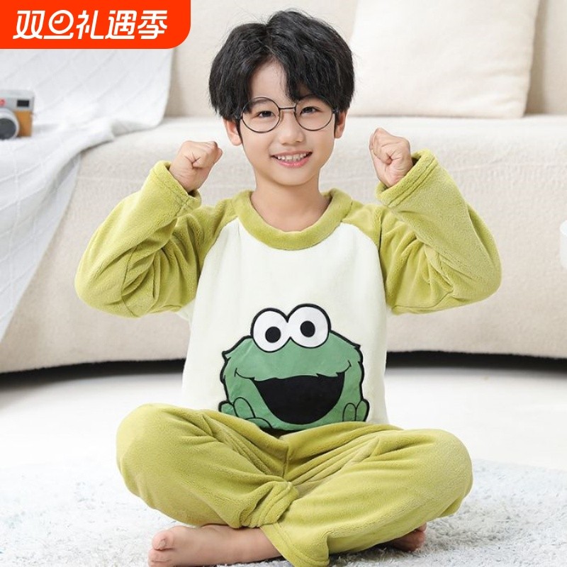 秋冬季男童法兰绒睡衣女童宝宝加厚家居服儿童珊瑚绒套装居家卡通