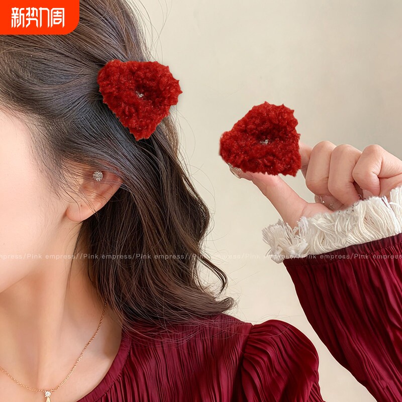 毛绒红色小抓夹女新年猫耳公主头发夹前额刘海侧边夹过年发卡发饰