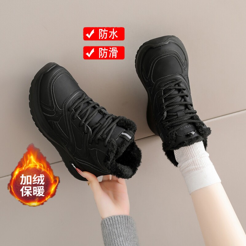 啄木鸟高帮真皮加绒运动鞋女防水防滑冬季加厚保暖大棉鞋超轻软底