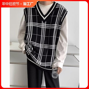 日系针织衫背心男春秋季潮流格子慵懒V领毛衣马甲学院风宽松坎肩